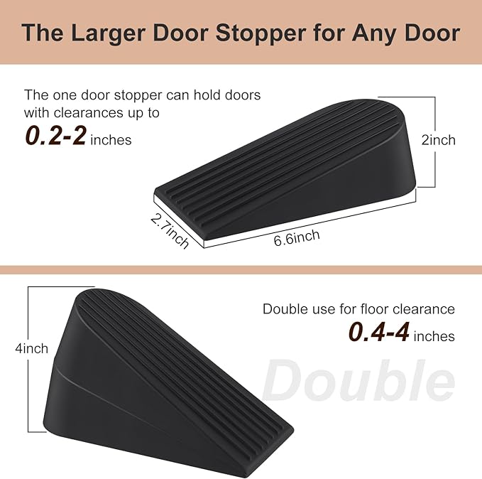 Big Door Stoppers for Bottom of Door on Floor, Premium Big Rubber Door Stop Wedge, Floor Sturdy Stackable Door Stops for Carpet Heavy Duty Door, Door Gaps (Big 2 Pack, Black)