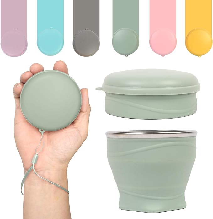 Collapsible Travel Cup with Lid (6oz/180ml) - BPA Free Silicone Folding Cup with Stainless Steel Rim - Portable Pocket Size Drinking Cup for Mouthwash, Pills, Hiking, Camping & Kids(Green)
