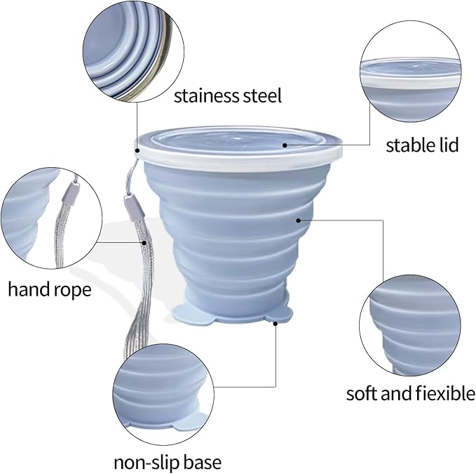 Collapsible Cup, Silicone Collapsible TravelCup, Expandable Folding Camping Drinking Cups with Lids Reusable Small Portable Mugs-Cup for Travel, Camping, Hiking,Outdoor Sports (blue&grey)