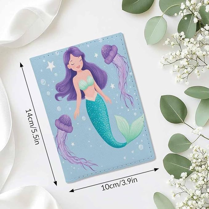 Mermaid Passport Holder for Travel Jellyfish Bubble PU Leather Passport Cover Wallet Cute Passport Card Holder for Women and Men