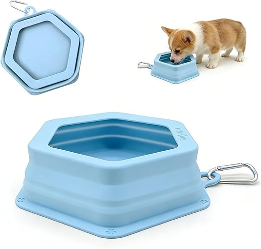 1-Pack Collapsible Pet Water Bowl, Spill Proof No Splash Dog Travel Bowl with Carabiner, Silicone Bowl for Hiking Camping Walking Road Trips, BPA Free Dishwasher Safe, 24oz Morandi Blue