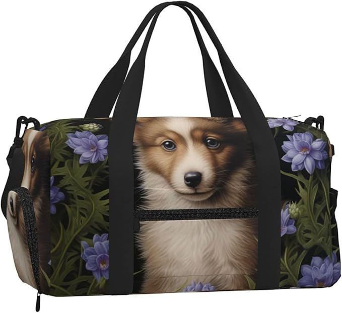 Sports Gym Bag Purple Flowers Cute Dog Travel Duffel Bag With Shoe Compartment Shoulder Strap, Lightweight Water-Resistant Weekend Overnight Totes For Women Men
