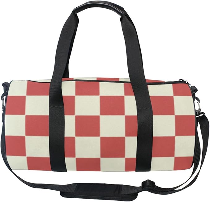 Red Beige Checker Plaid Foldable Personal Item Travel Bag Workout Travel Tote Gym Bag