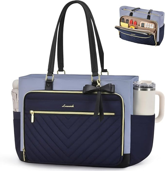 LOVEVOOK Tote Bag for Women, Work Bags Laptop Bag with Large Cup Holder, Quilted Nurse Bag Diaper Tote with Multi-Pockets, Large Computer Handbag Purse for Bussiness Travel, 15.6 Inch
