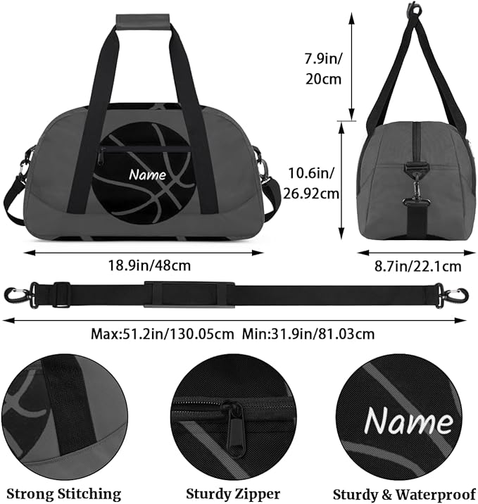 Personalized Duffel Bag for Girls Boys Custom Name Sport Gym Bag Small Overnight Weekender for Traveling Gymnastic Ballet ，Gray Basketball