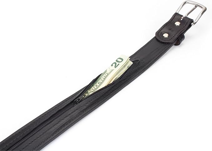 Hidden Money Pocket Travel Leather Belt (Size 44, Black)