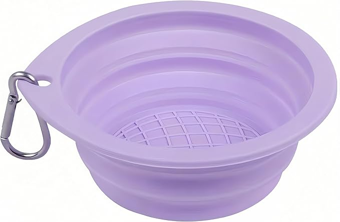 Portable Collapsible Pet Bowl - Food Grade TPR/Silicone, Foldable Dog Cat Travel Bowl with Carabiner for Hiking Camping, Easy Clean & Lightweight (Purple)