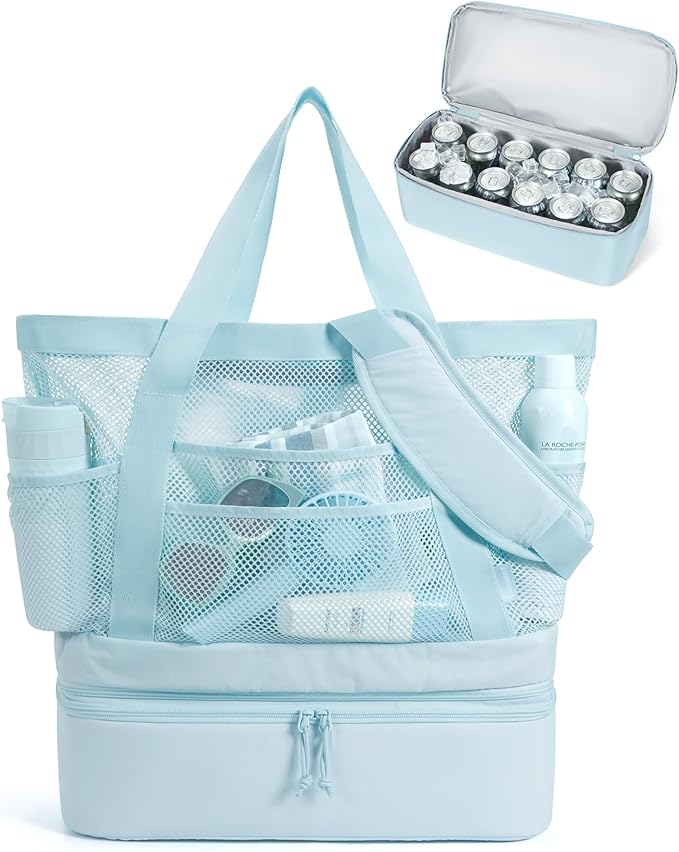 BAGSMART Beach Bag for Women, Mesh Tote Bags with Zipper, Sandproof Vacation Essentials with Cooler for Swim Cruise Pool