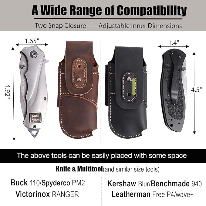 Topstache Leather Knife Sheath for Belt - Horizontal Carry Knife Holster - EDC Belt Organizer - Leather Multitool Sheath Pouch with Two Snap Closure for Folding Knife, Black