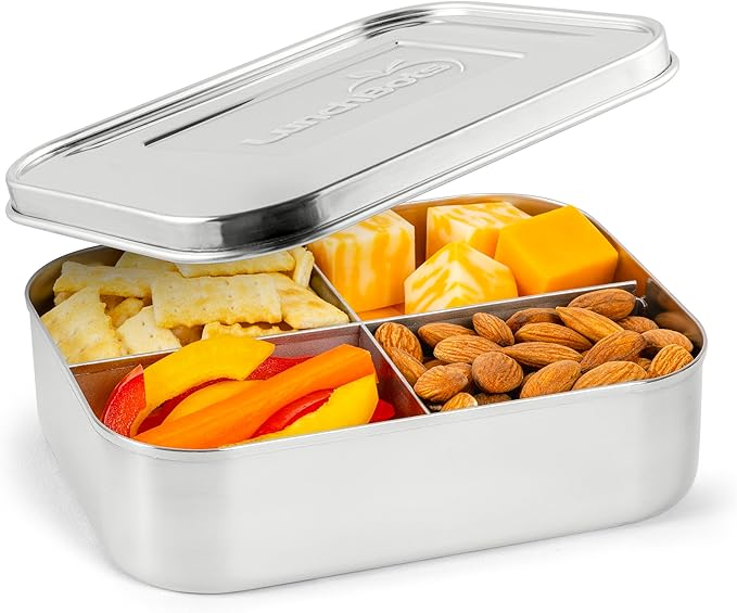 LunchBots Medium Quad Snack Container - Divided Stainless Steel Food Container - Four Sections for Finger Foods On the Go - Eco-Friendly, Dishwasher Safe - Stainless Lid - Stainless Steel