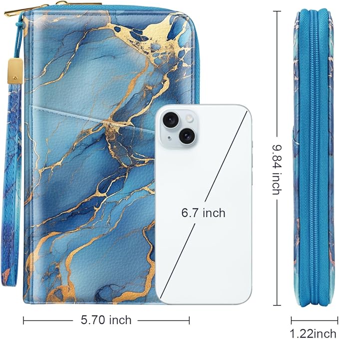 Family Passport Holder Wallet RFID Blocking Document Organizer PU Leather Mulit-purpose Travel Wallet Credit Cards Case for Women Men, Blue Marble