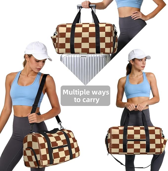 Sports Gym Bag Brown Cream Checkerboard Grid Travel Duffel Bag With Shoe Compartment Shoulder Strap, Lightweight Water-Resistant Weekend Overnight Totes For Women Men
