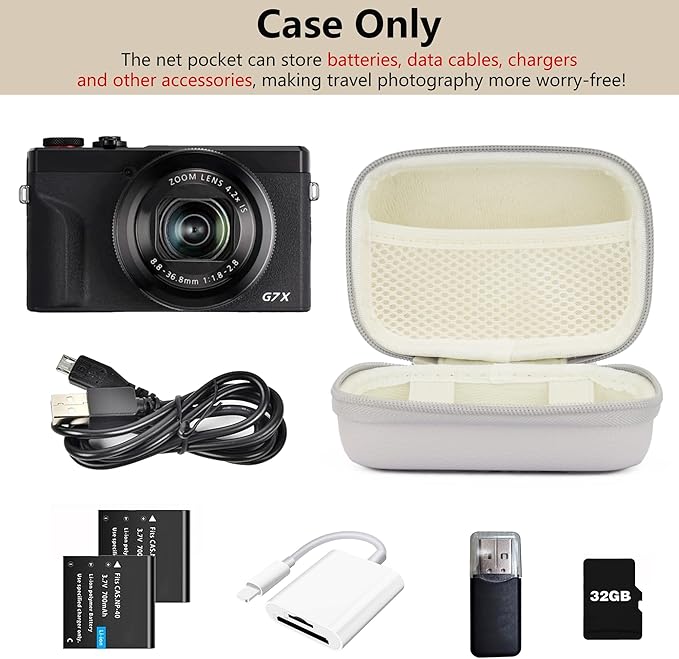 Digital Camera Case Compatible with Canon Powershot G7X Mark II & III/ SX740/ Sony ZV-1/ RX100 VII, Compact Travel Point & Shoot 4K Vlog Cameras Storage Holder with Lanyard (Grey)
