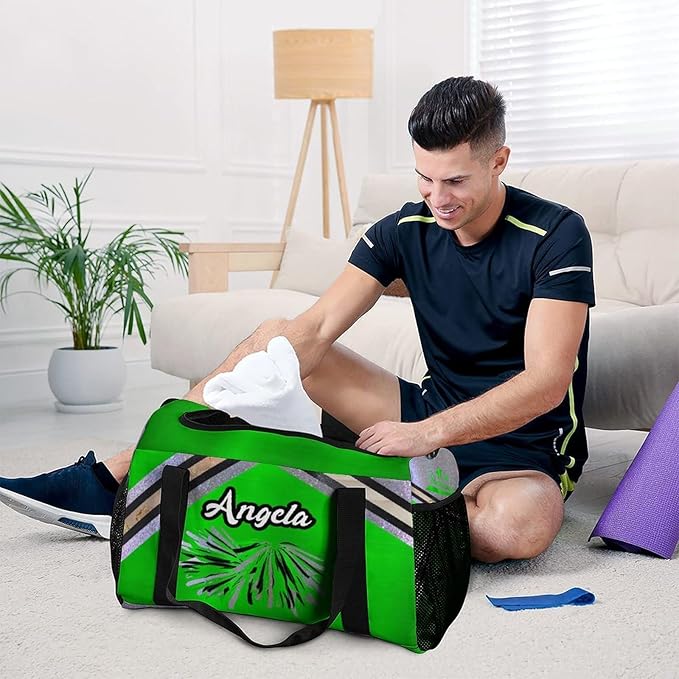 Cheerleader Green Grey Glitter Print Duffle Bag for Men Women, Personalized Custom Name Text Crossbody Bags, Travel Sport Gym Perform Training Gym Bag