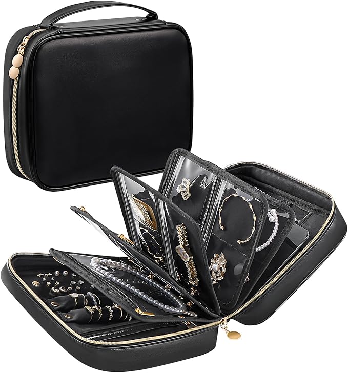 Lolalet Travel Jewelry Organizer Case, Large Jewelry Binder Book with Individual Pouches, Portable Leather Zippered Bag for Jewelry Storage of Earring, Ring & Necklace for Girls, Women -Black