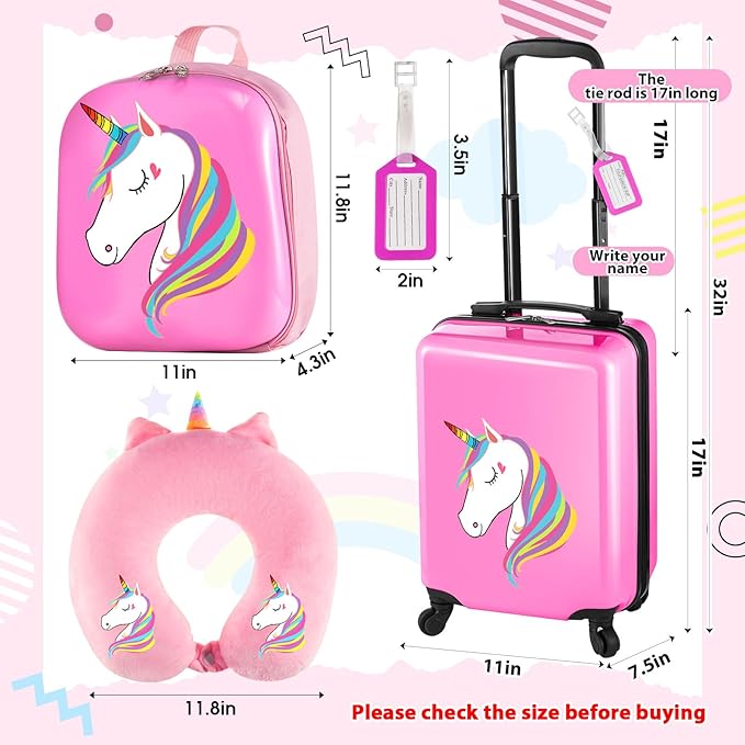 Sanwuta 4 Pcs Kids Luggage Set Rolling Suitcase Backpack U-shaped Pillow Kids Carry On Gift for Summer Travel Family Trip(17 Inch,Unicorn Style,Pink)