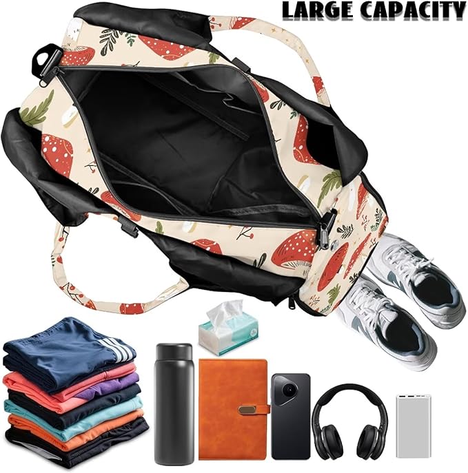 Mushroom Sports Bag with Shoe Compartment and Yoga Mat Holder Red for Women, Portable Gym Bag with Wet Pocket Waterproof Fitness Workout Sports Bag