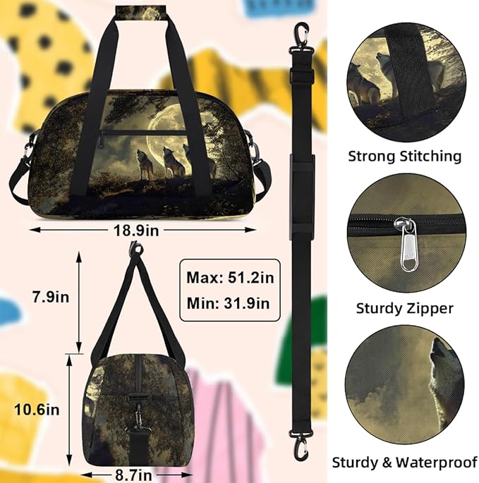 Travel Duffle Bag for travel duffle bag sports Girls Boys Kids Night Wolf Moon Lightweight Overnight Sleepover Weekender Bags Small Dance Gym Sport Bag Teens Carry-On Size Workout Bag