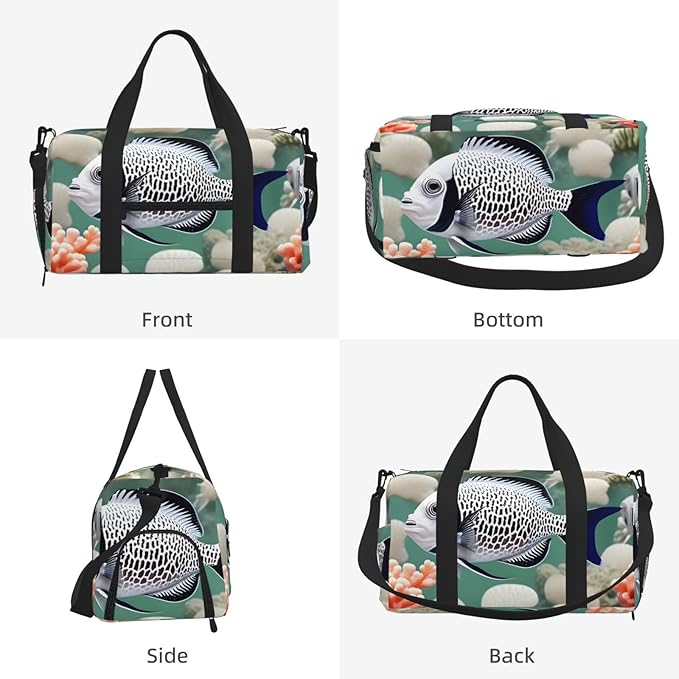 White Tropical Fish Print Gym Bag with Shoe Compartment for Women Men, 17.7in Sports Duffle Weekender Tote, Overnight Travel Duffel Bag Carry On