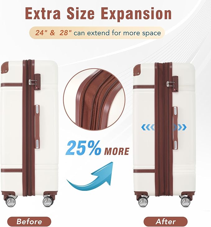 Merax 24 Inch Checked Luggage, Expandable Suitcase with Spinner Wheels, Hard Shell Vintage Luggage Set with TSA Lock(White)