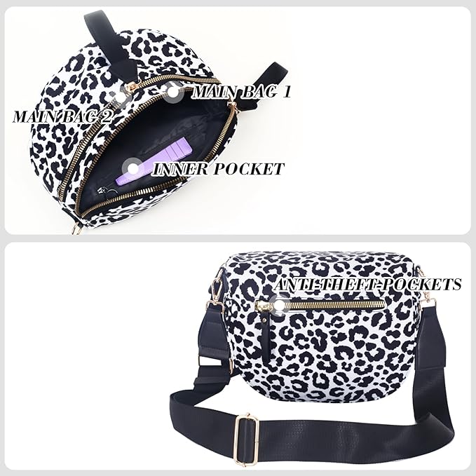 Bum Bag Crossbody Bag for Women | Spacious Bum Bags | Nylon Crossbody Fanny Packs | Leopard Purse Belt Wallet (Colour Bum Bag-Black and White Leopard)