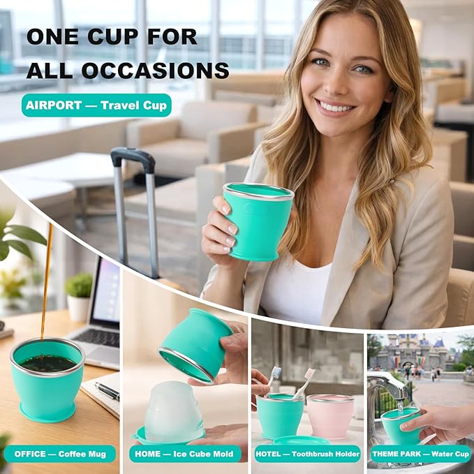 Collapsible Travel Cup, BPA-Free Reusable Water Cup, Lightweight Drinking Cups with Lids and Carrying Strap, Dishwasher Safe Silicone Cups for Camping, Travel, Airports, Hotel (Turquoise)