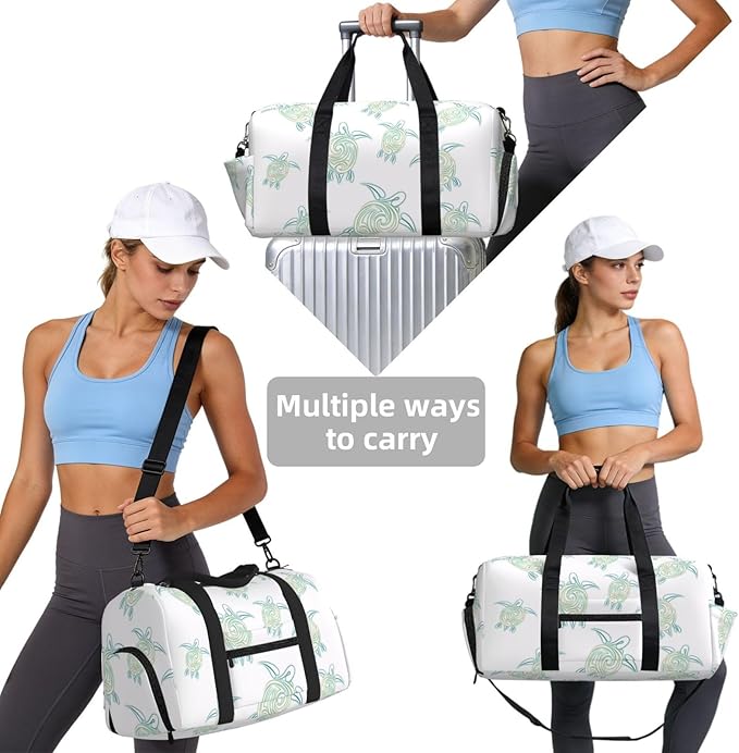 Sea Turtles Pattern White Green Nautical Women'S Gym Duffle Bag With Shoes Compartment, Ideal For Travel, Gym, Sports, Duffel, Weekender