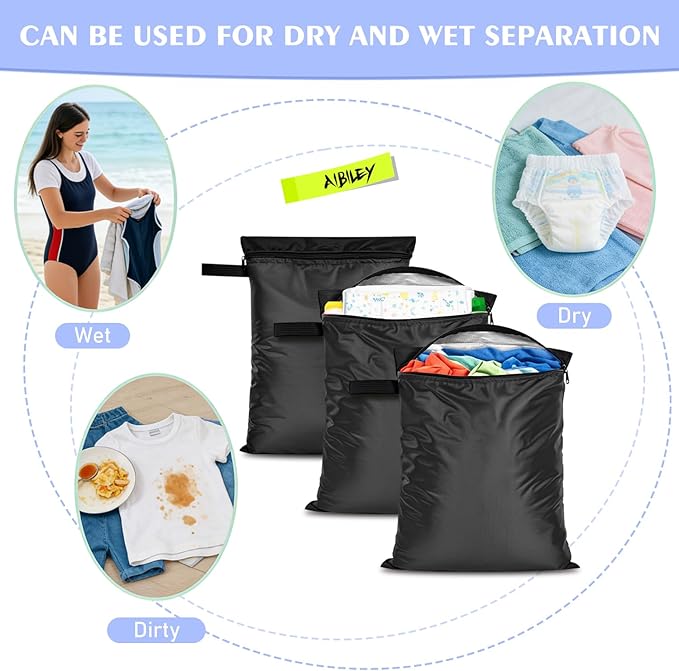 Wet Dry Bags 3 Pack,12x16 Inch Waterproof Reusable Wet Bag For Baby Diapers Swimsuit Wet Clothes Travel Beach Pool Gym,Durable Polyester Fabric,Waterproof Seal Strip Inside,Handle and Zipper,Black