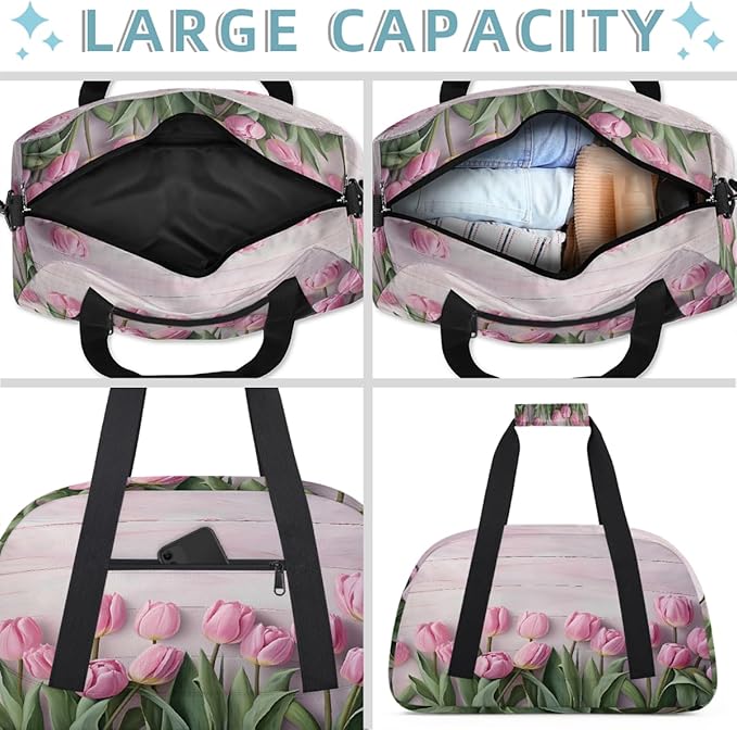 Pink Tulip Wooden Sports Duffel Bags, Water-Resistant Gym Duffle Bag for Men Women, Lightweight Weekender Overnight Bag for Fitness, Workout, Travel