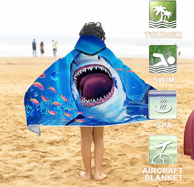 Bonsai Tree Shark Beach Towel, Shark Towel for Kids with Hood, Ocean Fishes Hooded Towel for Boys 30" x 50", Funny Sea Animals Microfiber Absorbent Soft Bath Towel Poncho Bathrobe for Swin Pool