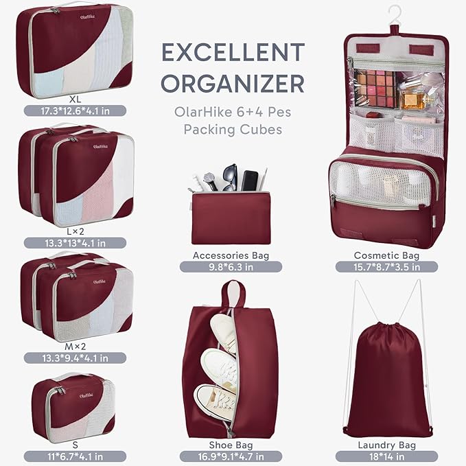 OlarHike Packing Cubes for Travel,10 Set,Burgundy