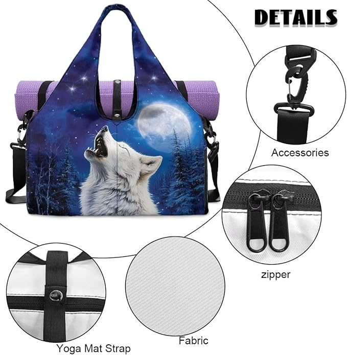 Large Capacity Wolf Gym Bag for Men with Shoe Compartment and Yoga Mats Holder Portable Blue Wolf Moon Duffel Bag with Zipper Pockets Workout Fitness Sports Tote Bag with Shoulder Strap