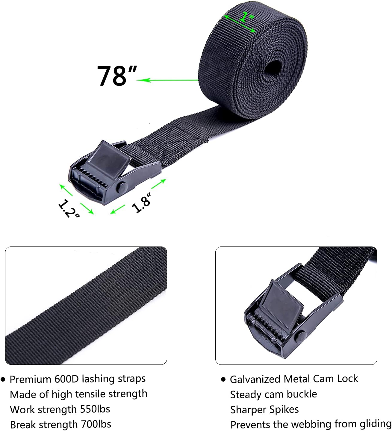 Premium Lashing Nylon Strap - Cam Buckle Tie Down Straps Heavy Duty Secure Straps up to 500 lbs Capacity for Motorcycle,SUP, Kayak, Canoe, Surfboard, Cargo, Boat,Trailer, Moving(1'' x 6.5Ft Black)