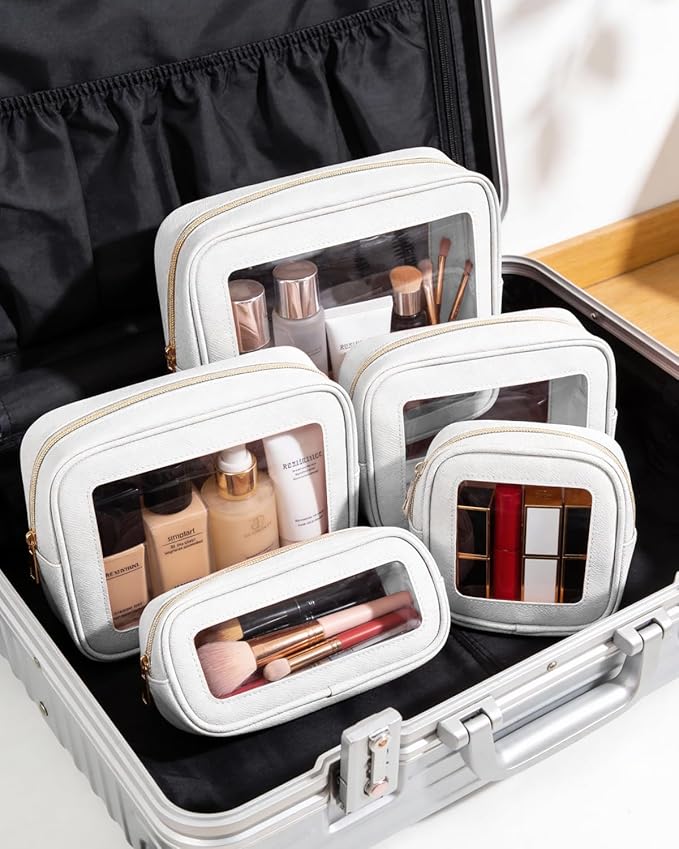 5Pcs Diaper Bag Organizer Pouch Set, Waterproof Travel Clear Makeup Bag Set for Women Small Toiletry Bag Travel Packing Organizer Bags Cosmetic Case with Zipper Compact Car Organizer Bag (White Set)