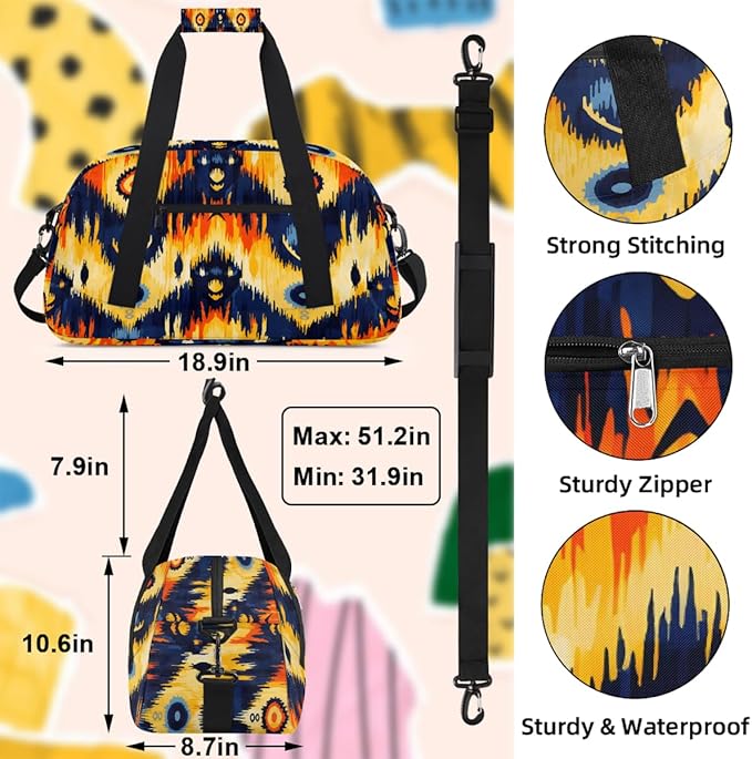 Duffle Bag for Women Men, Orange Navy Tribal Pattern Gym Bag for Travel Sports, Lightweight Waterproof Weekender Overnight Bags with Adjustable Strap