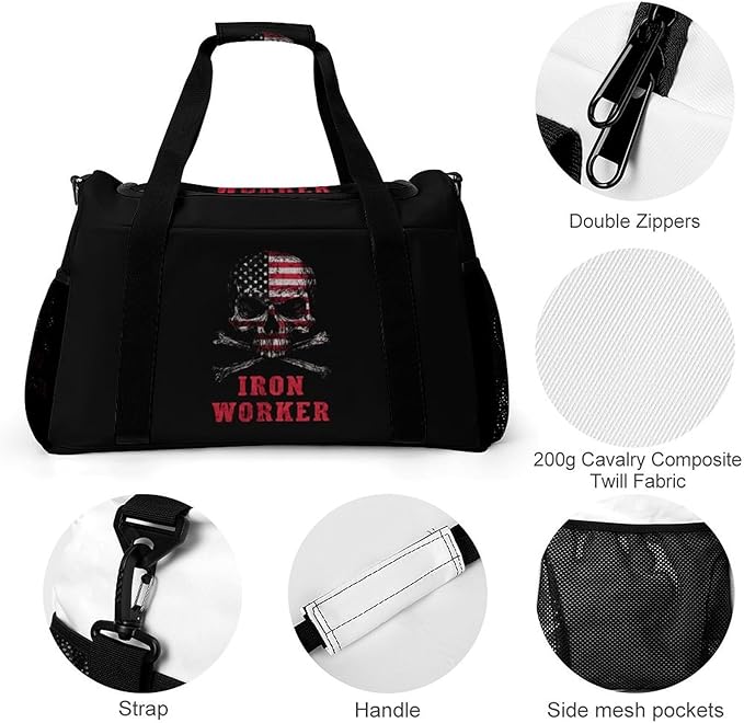 Skull Iron Worker U.S.A Flag Duffle Bag Gym Bag for Workout Travel Tote with Detachable Straps