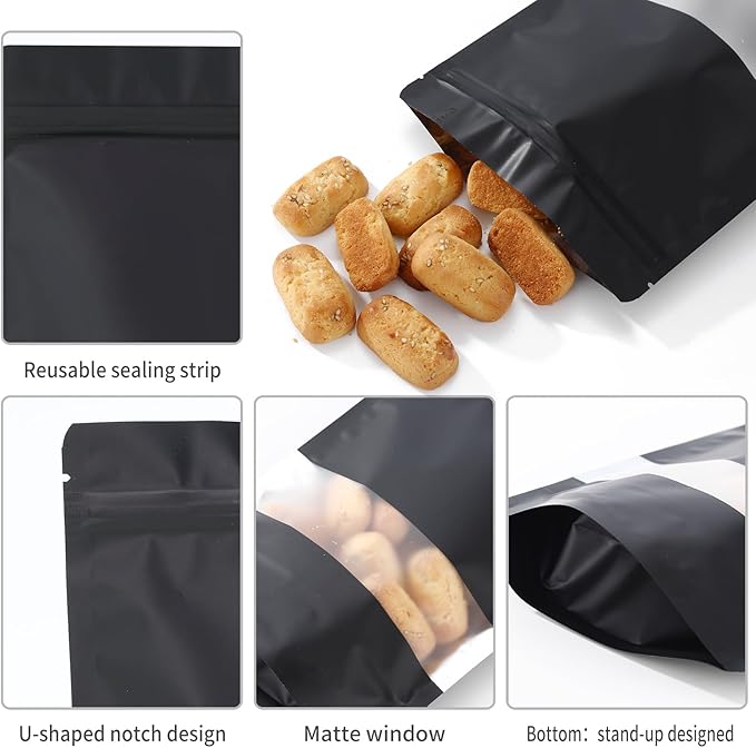 100pcs 5.9"x8.6" Mylar Bags with Matte Window for Food Storage,5 Colors Mixed Smell Proof Bag Resealable Food Storage Bags for Home Small Business, Stand-up Foil Pouch for Packaging Freeze Dried Candy
