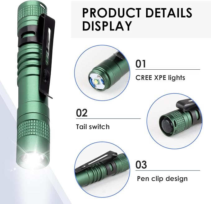 Mini Flashlight, AAA Small Pen Light with Clip, Portable 500lm Pocket Pen Flashlight for Inspection Repair Outdoor Emergency (3 Pack, Green, 3.5")