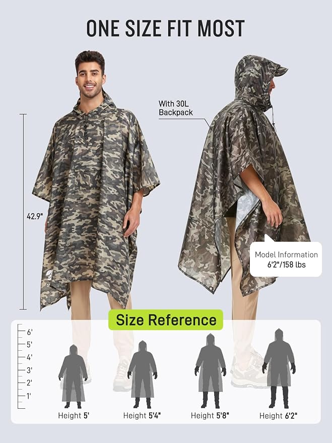SaphiRose Extra Thick Hooded Rain Poncho Double Layer Waterproof Raincoat Jacket for Men Women Adults