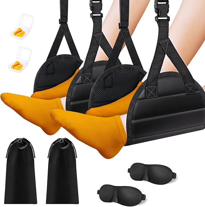 Airplane Foot Hammock, Foot Rest for Under Desk at Work, Length Adjustable Airplane Foot Rest, Travel Essentials with Eye Mask and Earplugs, Desk Foot Hammock to Relax Your Feet(2 Sets)