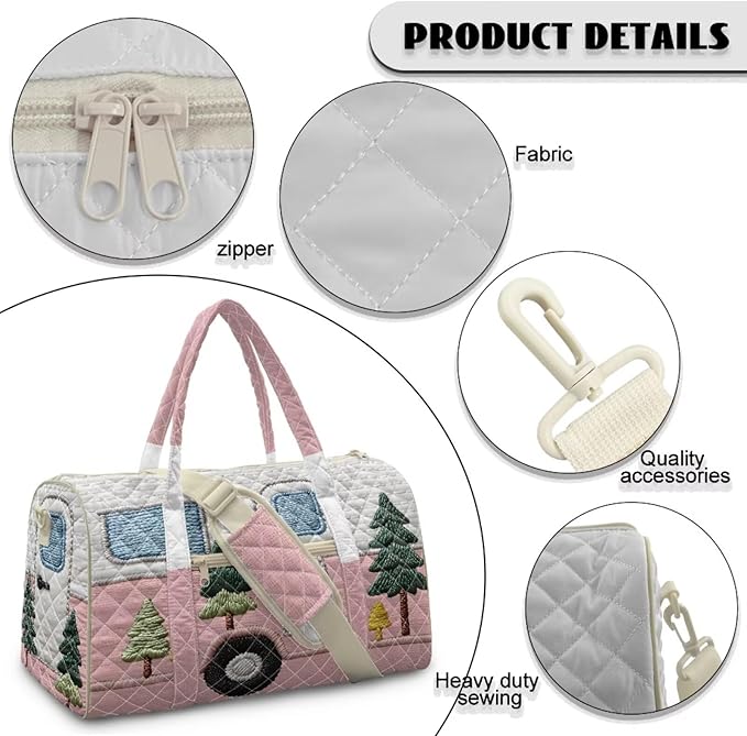 COEQINE Pink Sports Duffel Bags for Women Gym Funny Quilted Tote Bag Large Car Printed Weekender Carry On Camper Van Style Backpack for Overnight Luggage with Trolley Sleeve