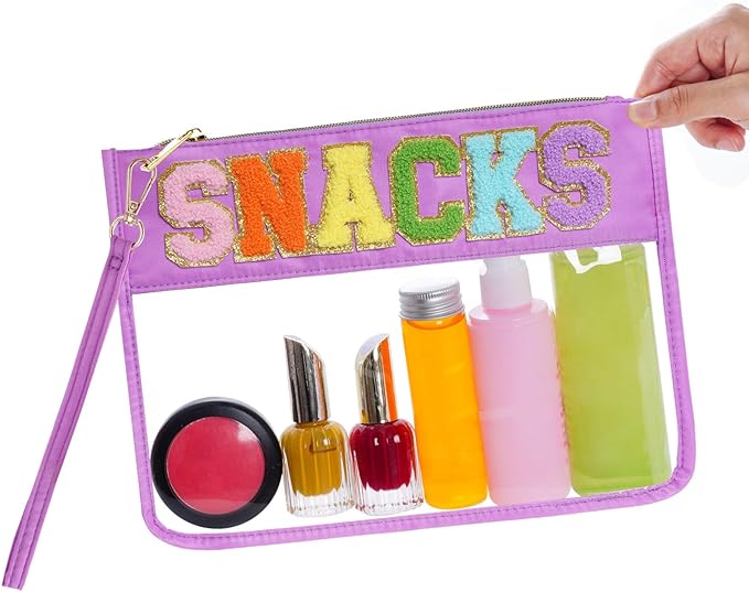 Chenille Letter Bag, Multi-purpose Nylon Clear Makeup Cosmetic Bags Flat Pouches with Zipper for Travel, Gym, Beach (Purple-Snacks)