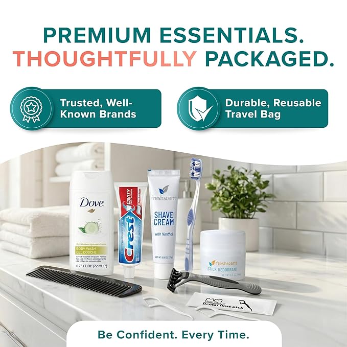 Trektote 10 Piece Travel Hygiene Kit with Toiletries & Dental Essentials, TSA-Compliant, Clear Cosmetic Bag, Single or Bulk Packs