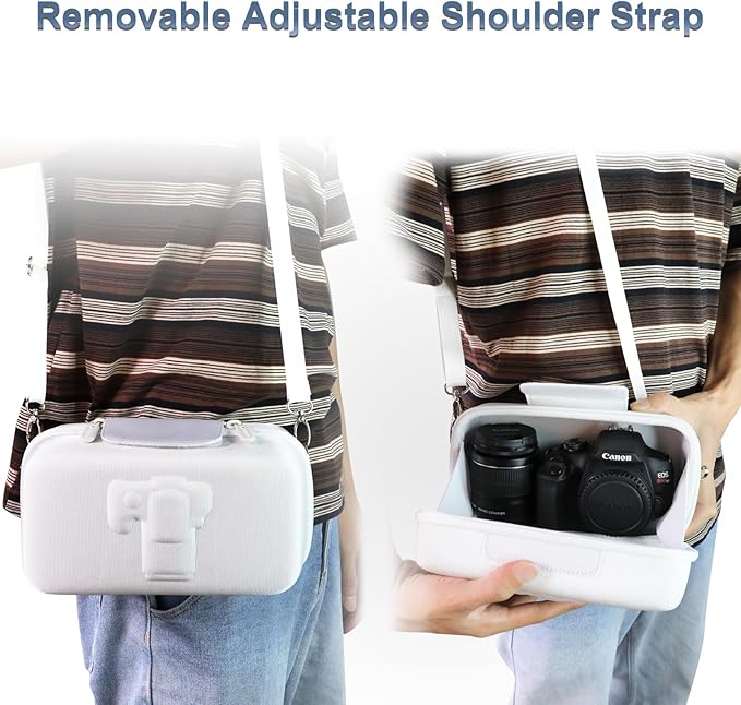 LTGEM Camera Case for Canon EOS Rebel T7 / R50 / R100 / R50 V / T6 / R8 / R10 / RP / SL3 / R5 / T100 DSLR SLR Camera and 18-55mm/18-45mm Lens with Shoulder Strap, White