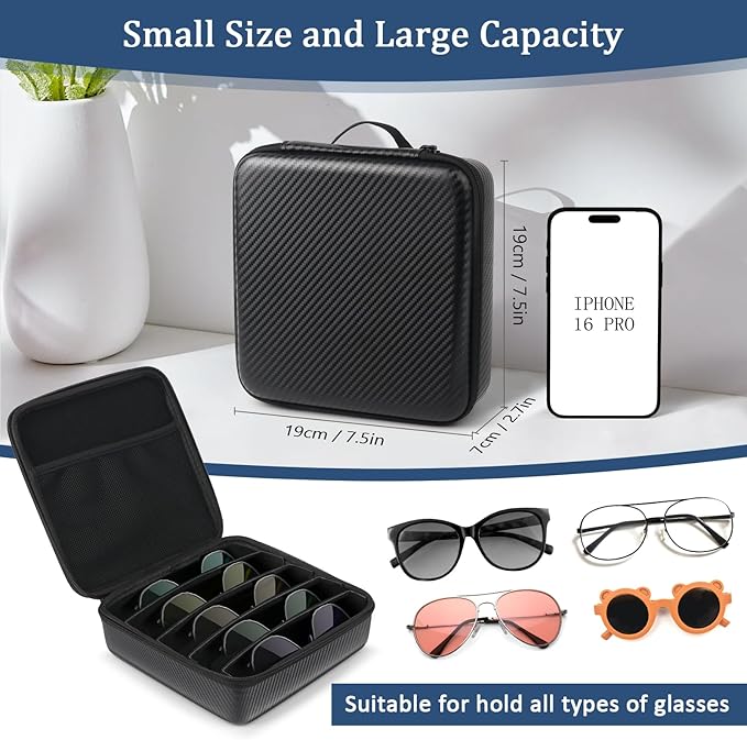 Travel Sunglasses Organizer, Hard Shell Sunglass Case Adjustable Slots for Multiple Sunglass Eyeglass Case