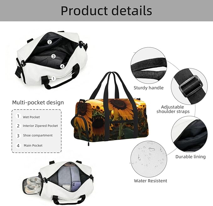 Farm Sunflower Print Gym Bag with Shoe Compartment for Women Men, 17.7in Sports Duffle Weekender Tote, Overnight Travel Duffel Bag Carry On