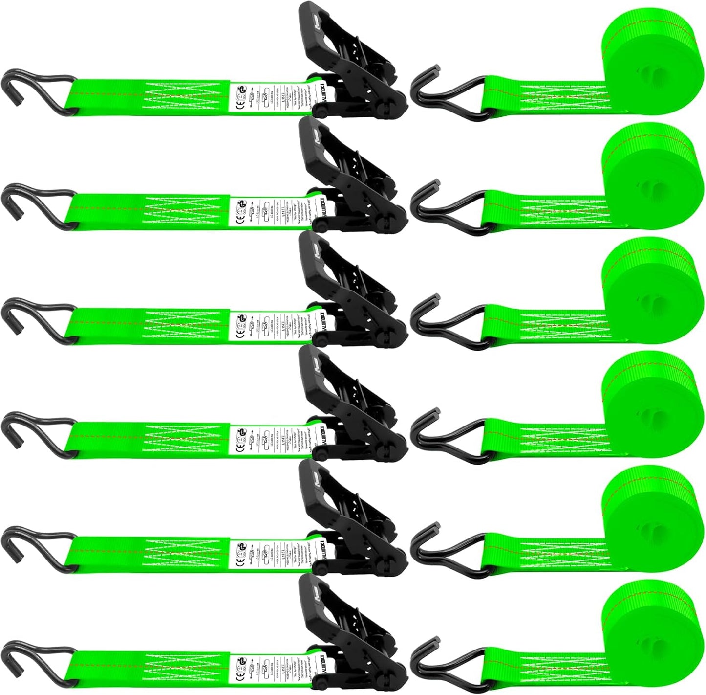 6 Pack 2 inch Ratchet Straps Heavy Duty J Hook 2 in x 15ft with Strong Ratcheting, Cargo Load Tie Down Strap 2200lbs Working Load for Trucks Green