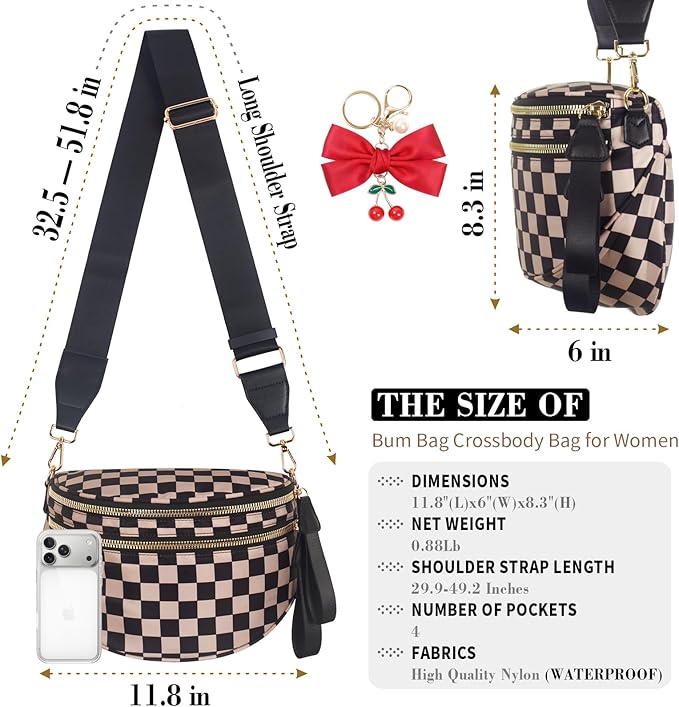 Checkered Crossbodys Bag Bum Bag for Women, Spacious Sling & Stylish Bum Bag for Travel, Concerts, Festival, Nylon Fanny Pack Belt Bag