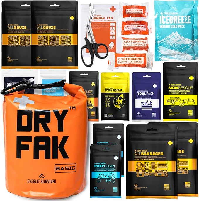 EVERLIT 290 Pc Waterproof First Aid Kit Dry FAK Medical Kit Emergency Survival Kit for Boat, Backpacking, Hiking, Fishing, Travel, Kayaking (Orange) (Orange)