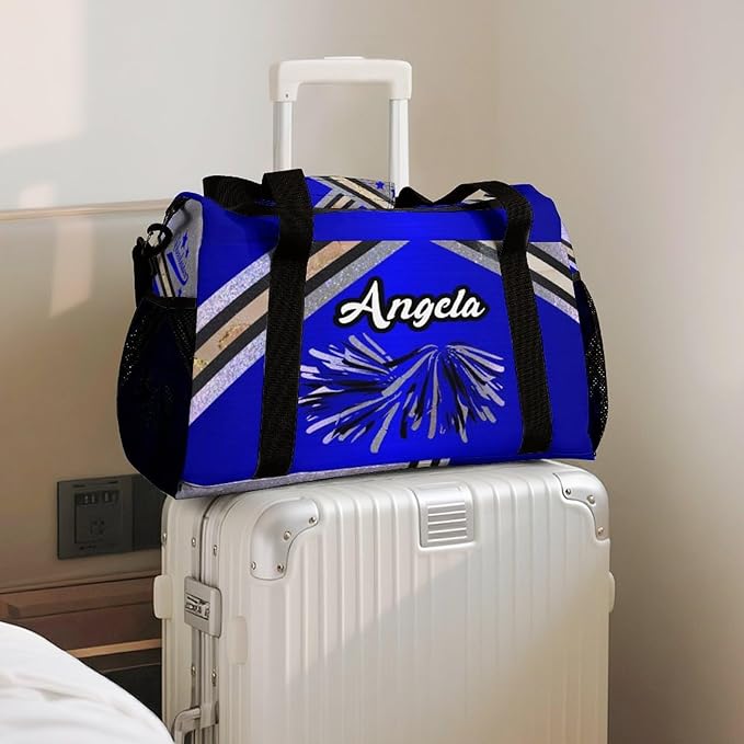 Personalized Sports Duffle Bags for Training, Navy Blue Cheering Silver Stripes Travel Bags with Adjustable Shoulder Strap, Custom Name Birthday Holiday Gift